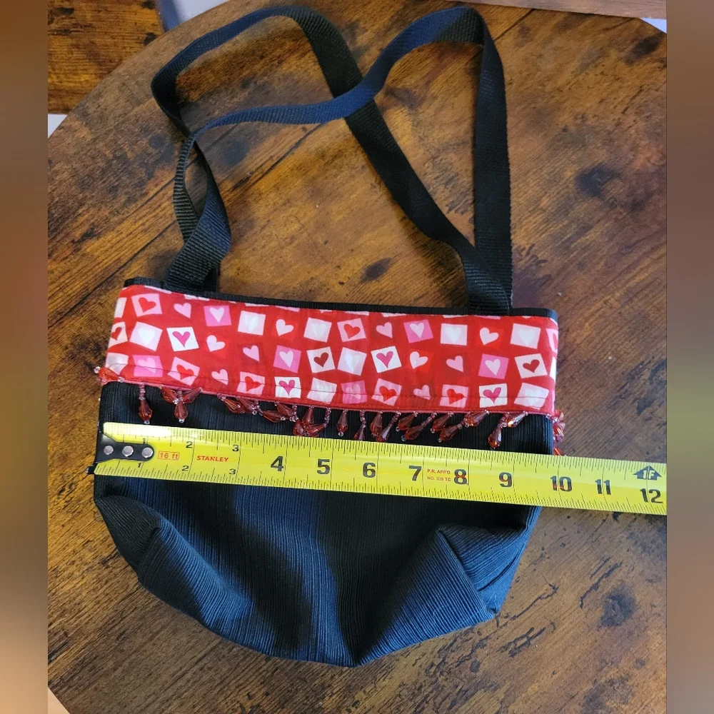 Handcrafted heart and bead embellished shoulder bag two nylon straps